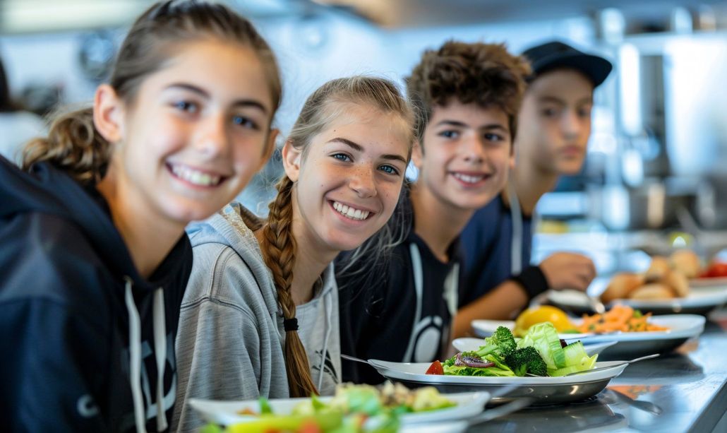 Studenti sorridenti attorno a un tavolo della mensa, imbandito con piatti di insalata e altro cibo, in una sala da pranzo luminosa.