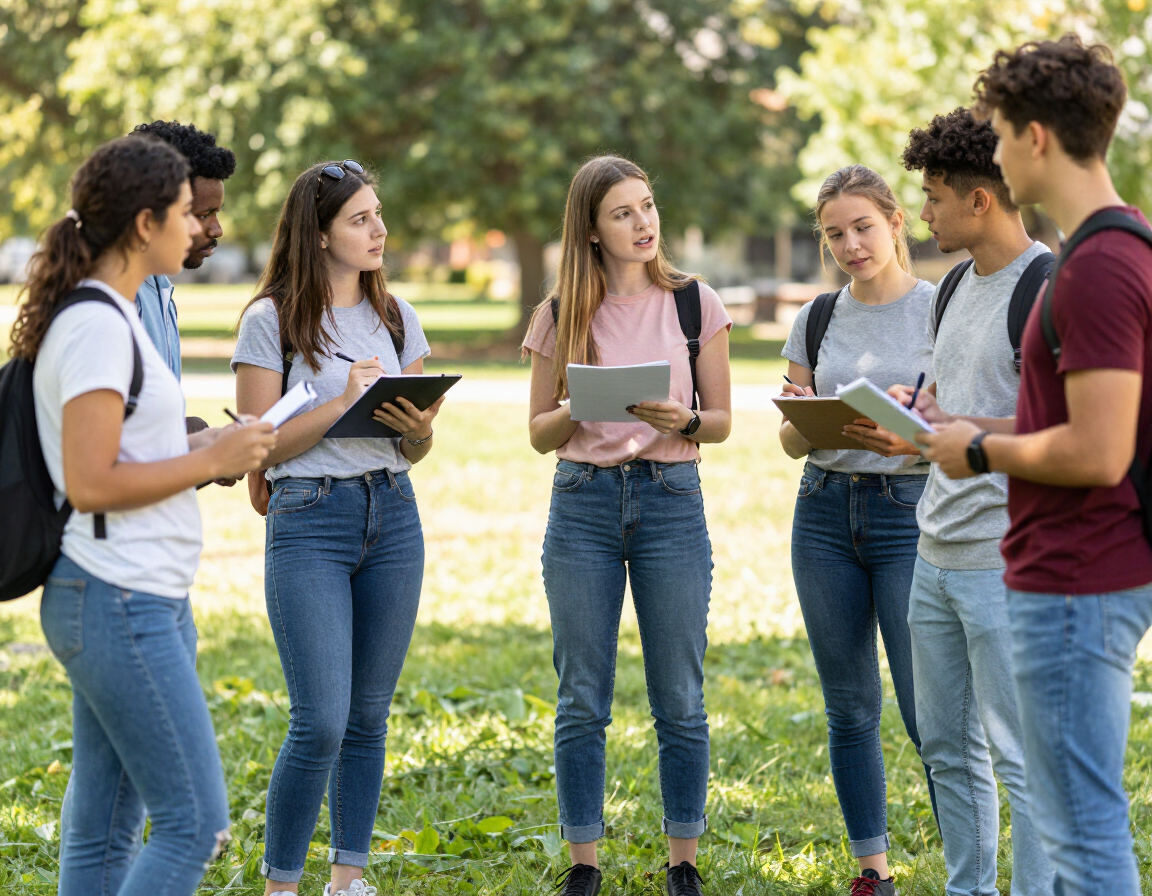 Alunos em pé num parque gramado, segurando cadernos e conversando ao ar livre.