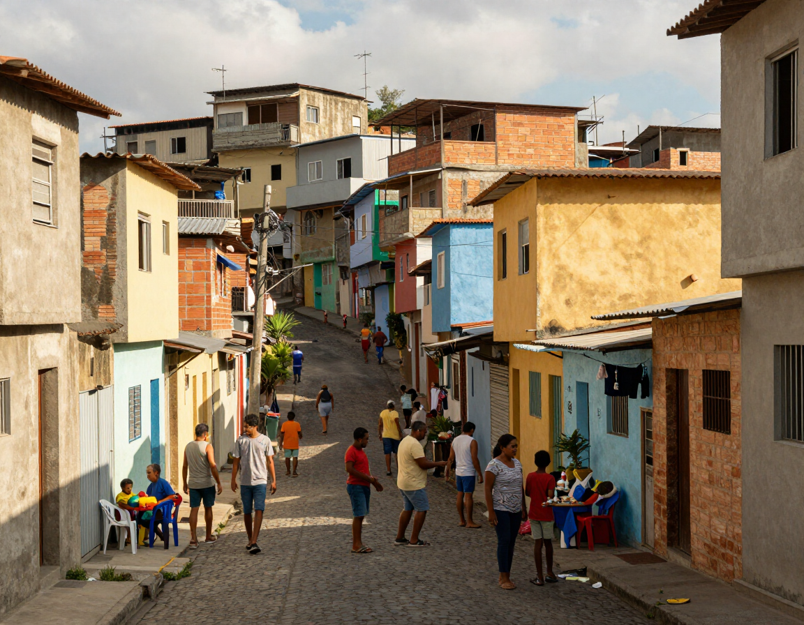 Rua colorida na encosta, com pessoas reunidas em uma rua de paralelepípedos