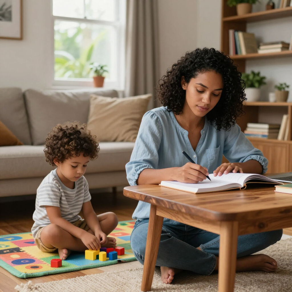 Um adulto ensina uma criança em uma mesa baixa em uma sala de estar aconchegante, com livros e brinquedos por perto.