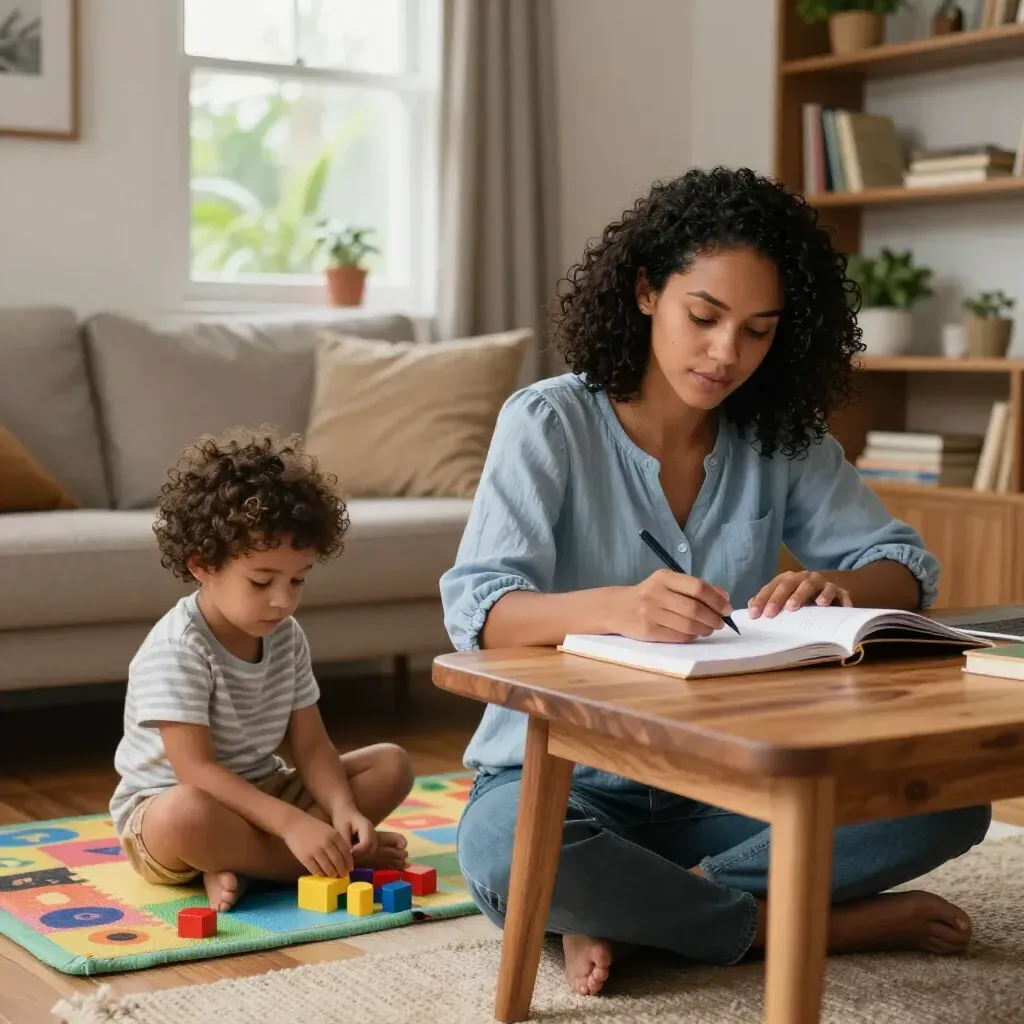 Um adulto ensina uma criança em uma mesa baixa em uma sala de estar aconchegante, com livros e brinquedos por perto.