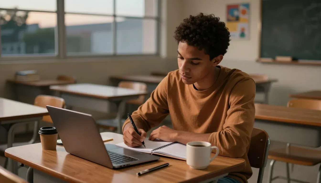Student writing at a desk with a laptop and coffee mug in a classroom.