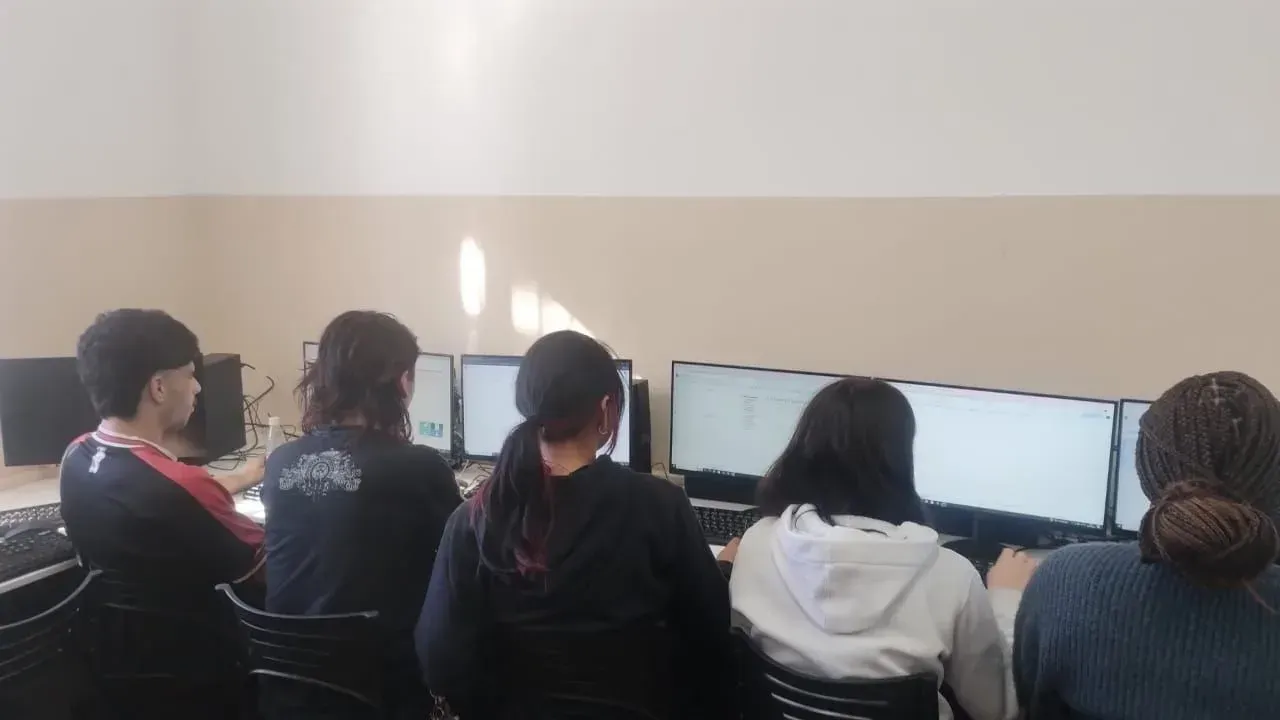 Pessoas sentadas em computadores de mesa em uma sala de aula ou laboratório de informática, vistas por trás.