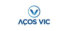 Um logotipo para uma empresa chamada aços vic com um v azul dentro de um círculo.