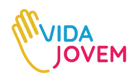 Logo da Vida Jovem com mão amarela estilizada e texto azul e rosa.