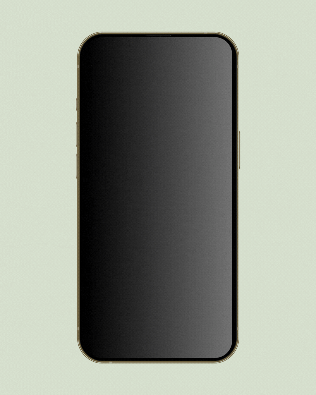 Smartphone with black screen and gold frame against a light green background.