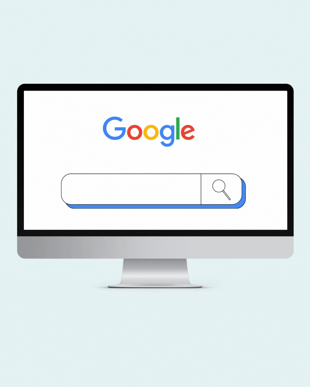 Computer screen displaying the Google logo and search bar, against a pale blue backdrop.