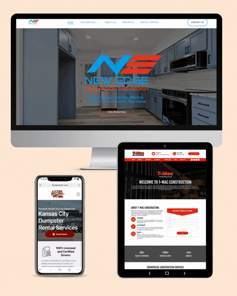 Website on monitor, tablet, and phone showing different businesses.