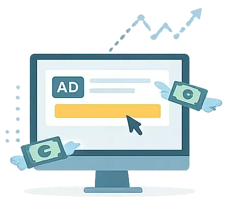 A computer monitor displays an online ad being clicked, with flying money symbols and an upward-trending arrow graph.