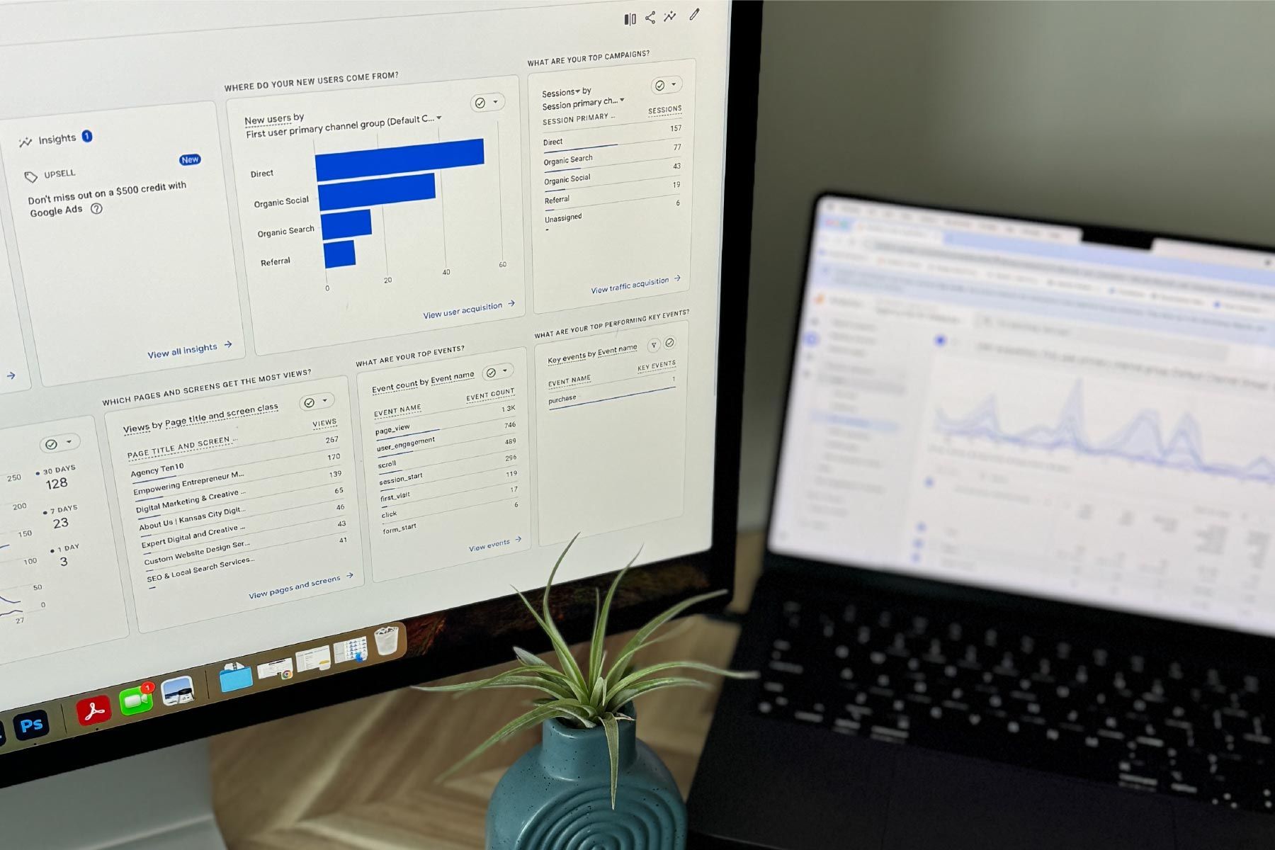 A computer monitor and laptop displaying data visualizations and charts in a well-lit office setting.