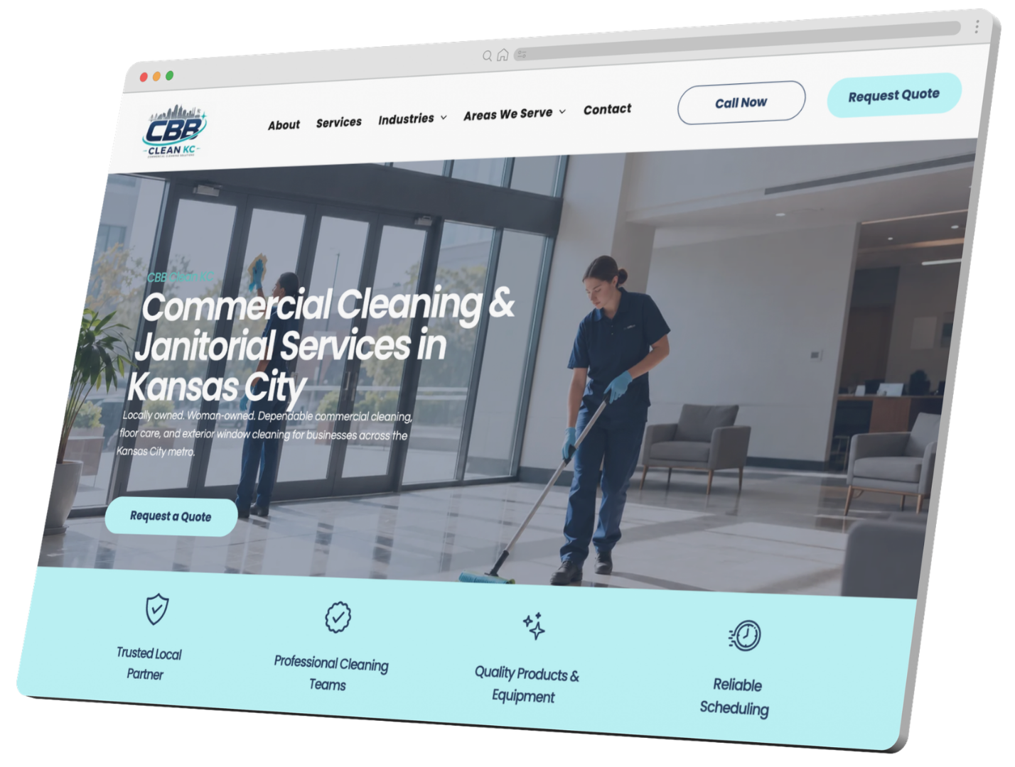 Commercial cleaning website homepage with worker mopping office floor and turquoise call-to-action buttons