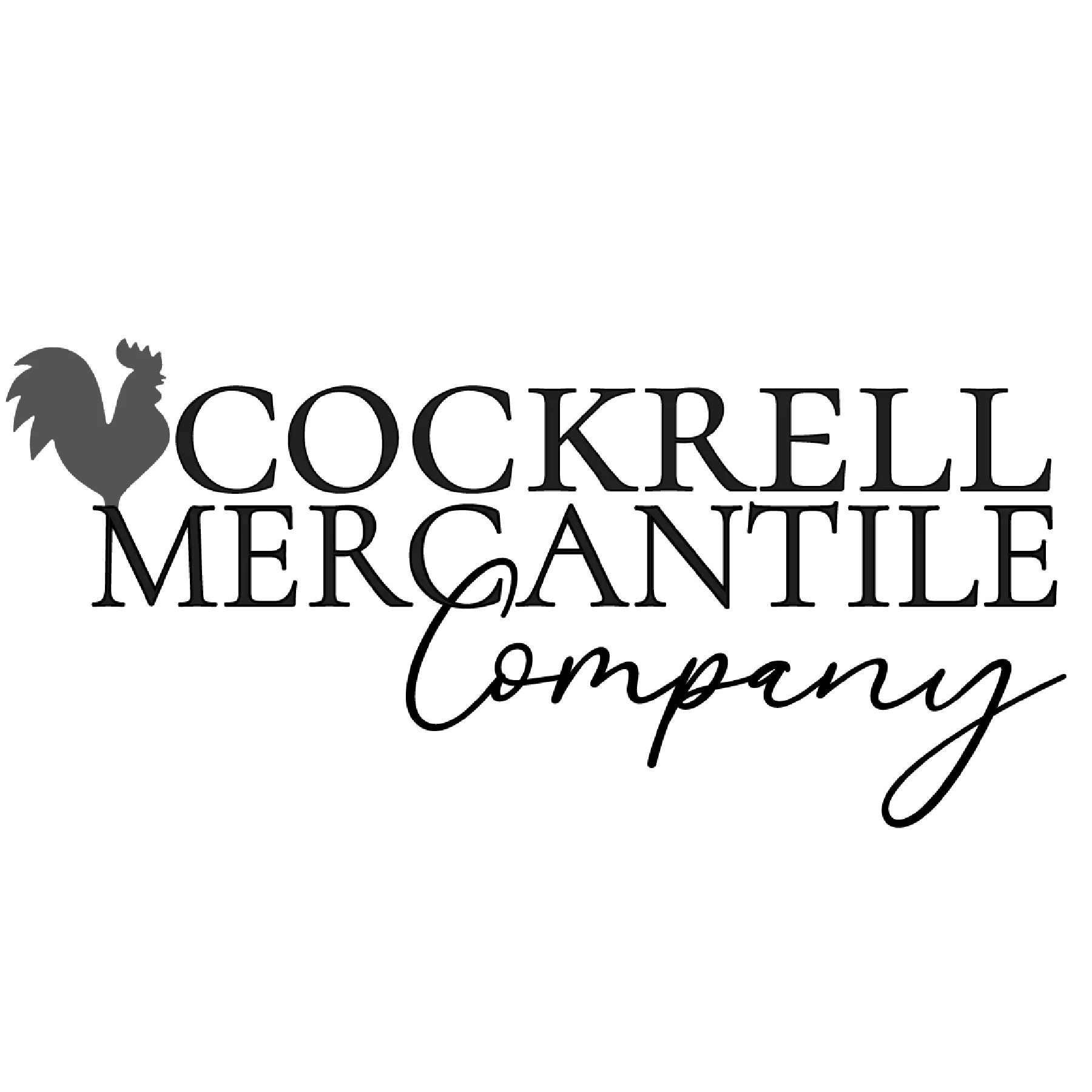 Logo for Cockrell Mercantile Company featuring a silhouette of a rooster next to the business name in black text.