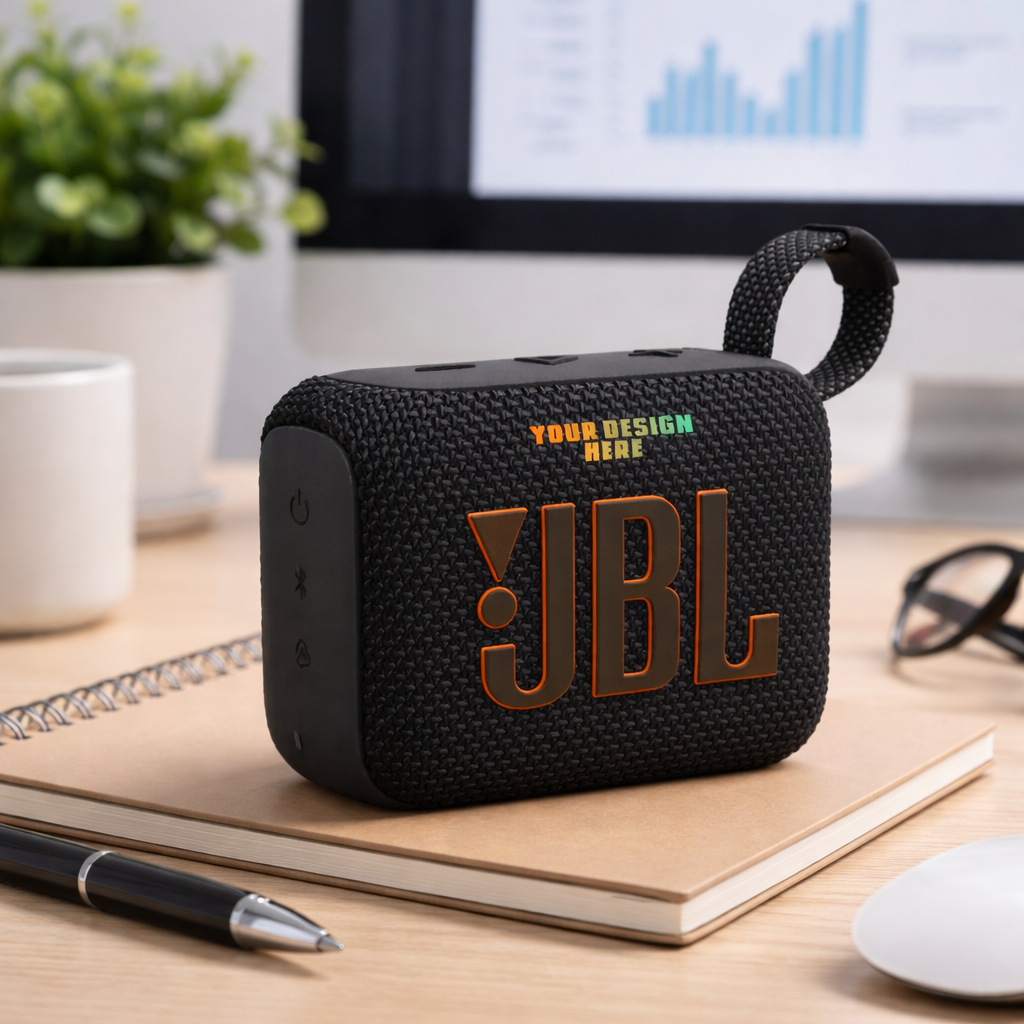 Black JBL portable speaker on a notebook. Office setting with pen, glasses, and monitor in background.