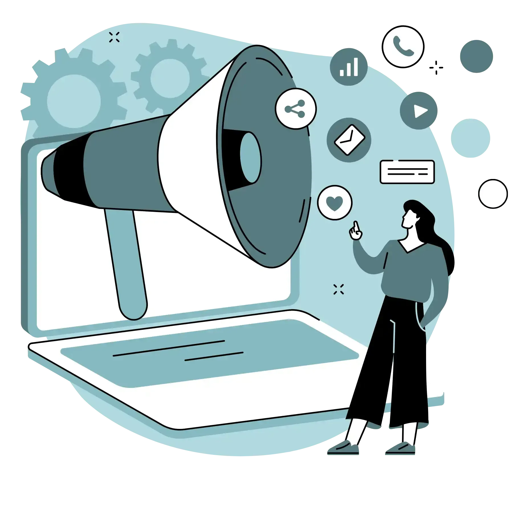 A person stands next to a laptop displaying a large megaphone, surrounded by floating icons of digital communication.