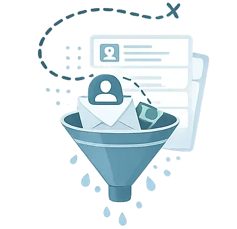 A funnel processing an envelope and digital user icons, representing a data filtering or lead generation process.