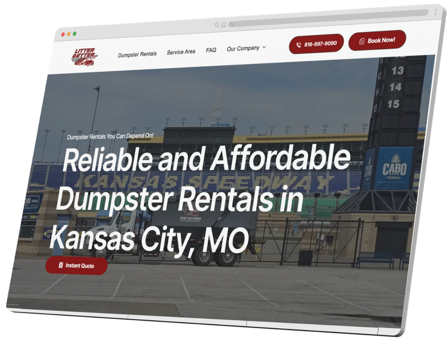 Website hero for dumpster rentals in Kansas City, MO with a dumpster yard background and red call-to-action buttons