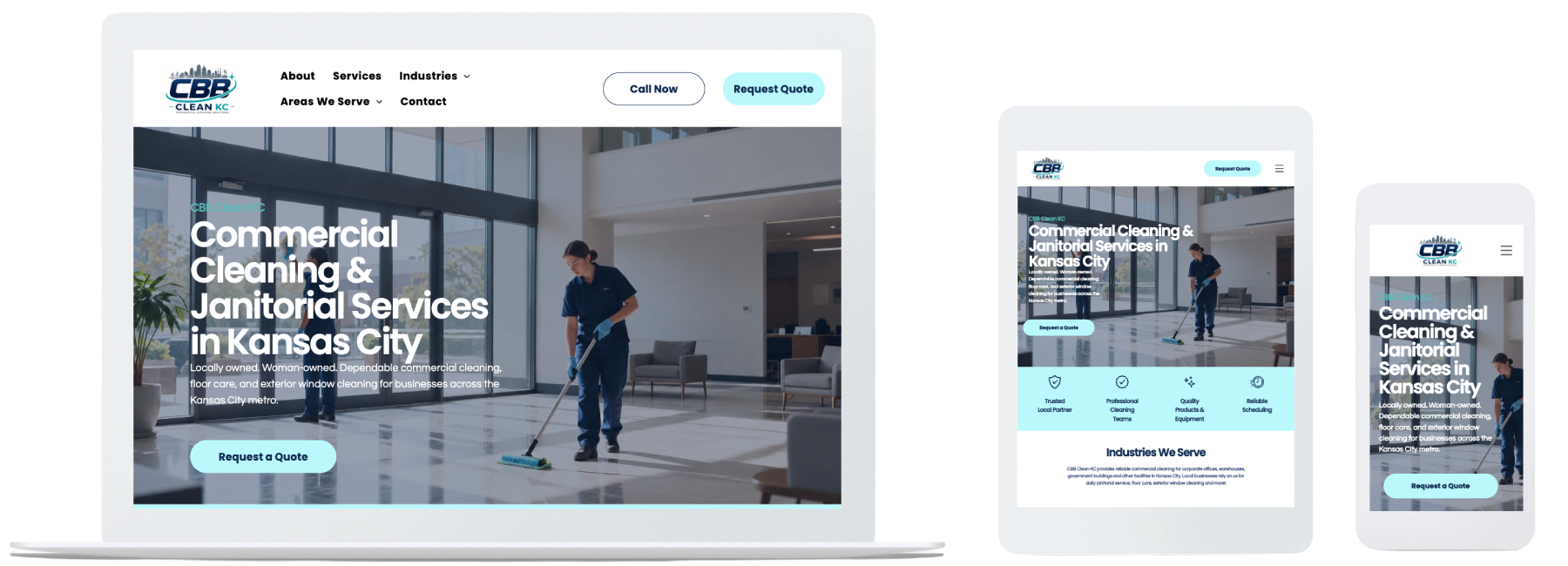Website homepage mockup shown on desktop, tablet, and phone with a law office hero banner and call-to-action button