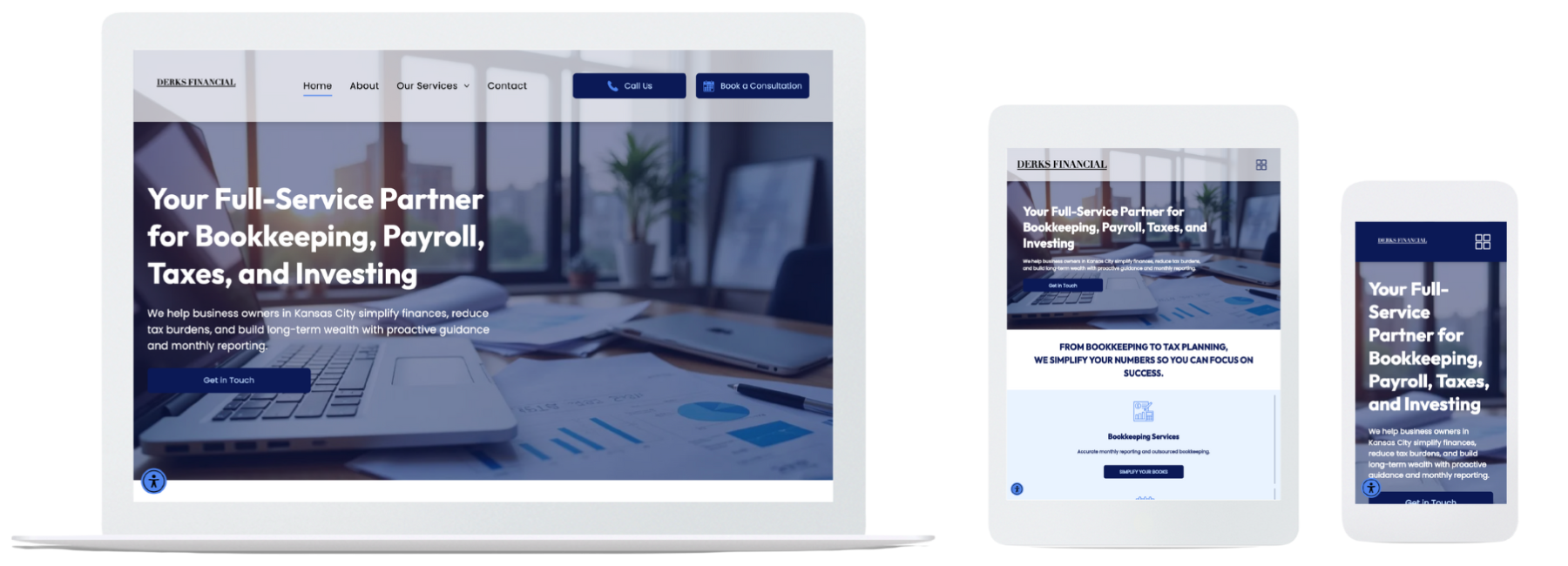 Website design on laptop, tablet, and phone; blue and white color scheme; text about bookkeeping, payroll, and taxes.