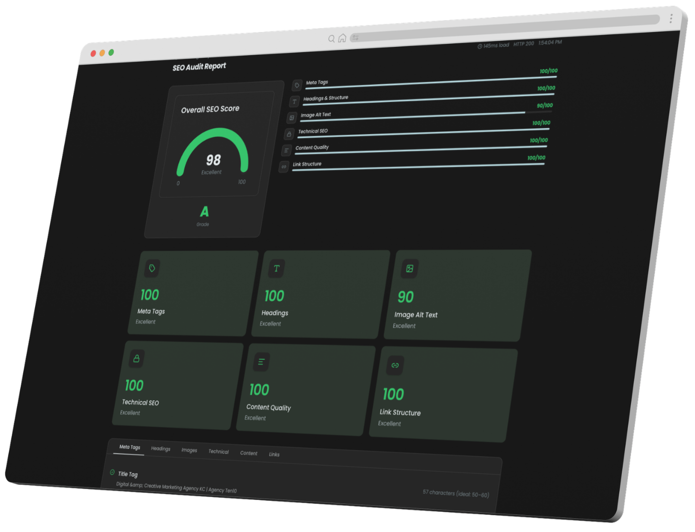Dark analytics dashboard with green gauges and metric tiles on a laptop screen