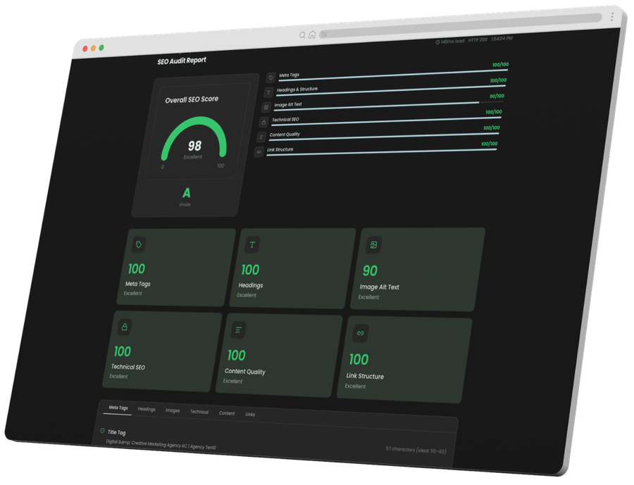 Dark analytics dashboard with green charts and metric tiles on a laptop screen