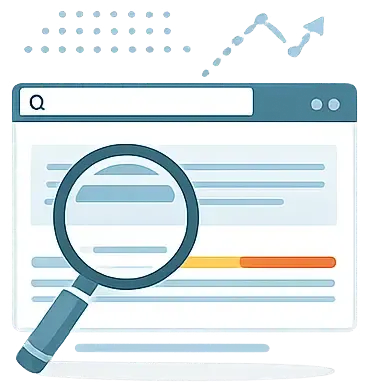 A magnifying glass over a browser search bar with an upward-trending line graph icon in the background.