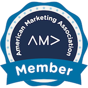 American Marketing Association member badge with blue ribbon and stars, AM> logo in center