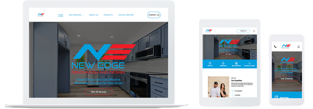 Website design on laptop, tablet, and mobile, featuring the New Edge logo and interior design content.