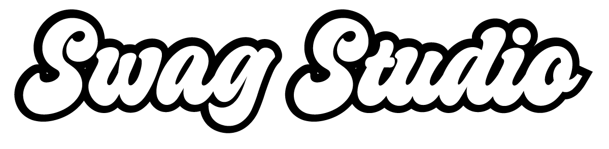 Black cursive logo reading “Swag Studio” on a white background.