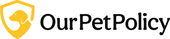 The OurPetPolicy logo featuring a yellow shield icon with a white dog silhouette next to the black text OurPetPolicy.