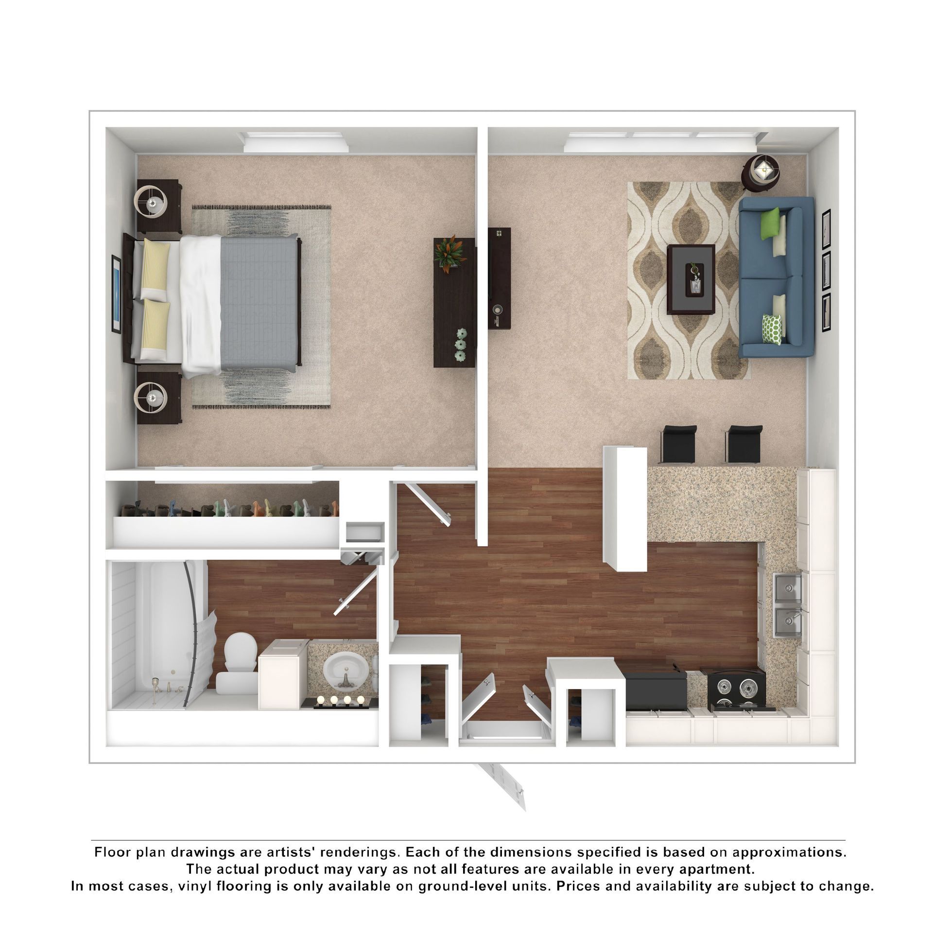A 3D floor plan for a two-bedroom, two-bathroom apartment featuring an open kitchen, living room, and dining area.
