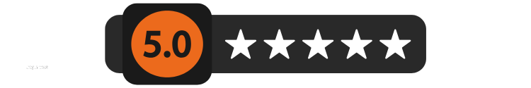 A rating of 5.0 out of 5 stars, with five white stars on a black background.