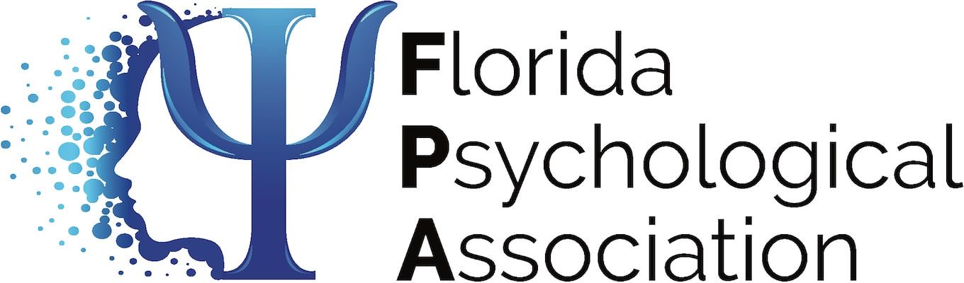 The logo for the florida psychological association is blue and black.