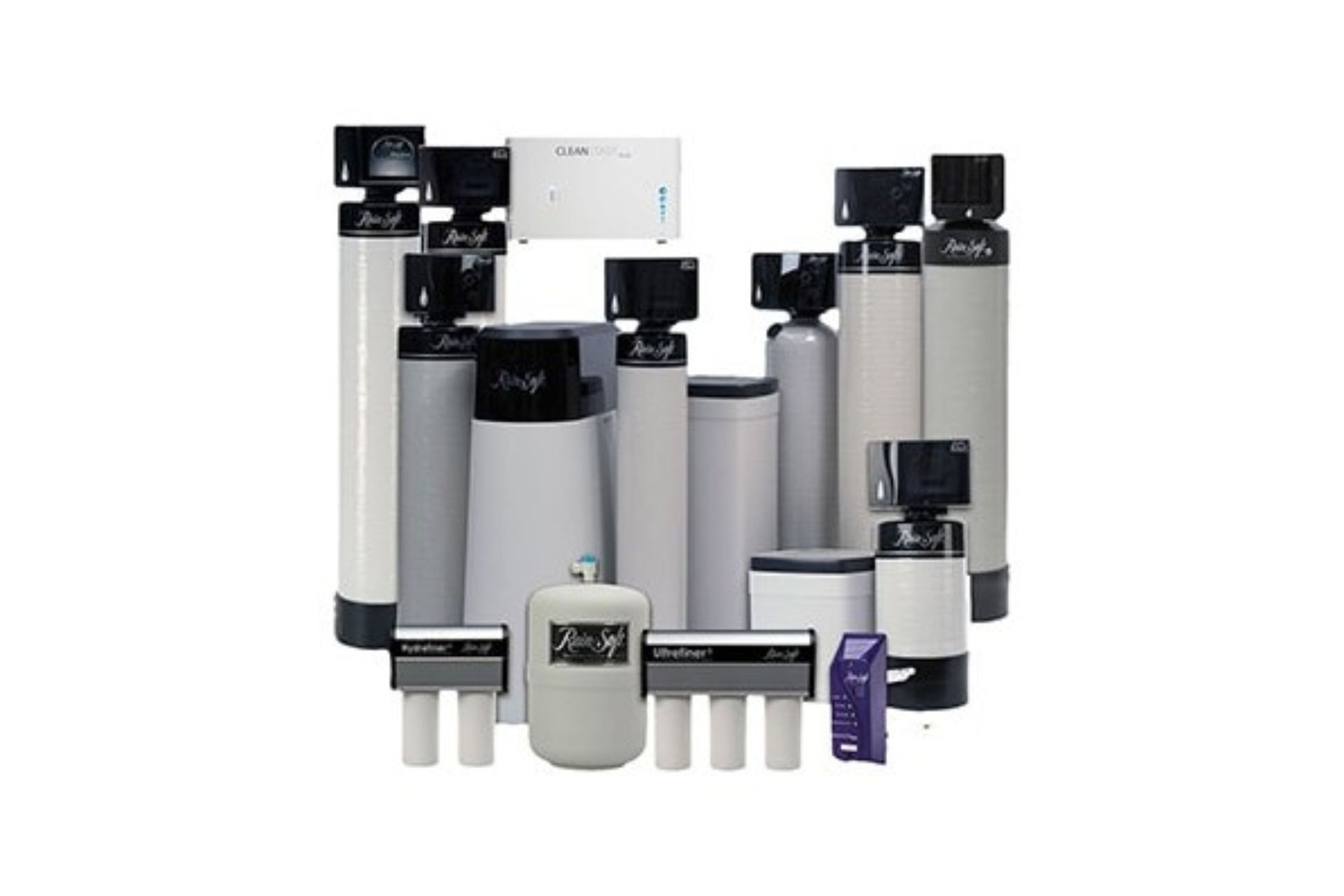 A group of water treatment systems are sitting next to each other on a white background.