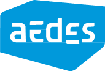Blauw Aedes-logo in witte kleine letters op een blauwe zeshoekige vorm.