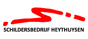 Red abstract logo above the text “SCHILDERSBEDRIJF HEYTHUYSEN” on a white background