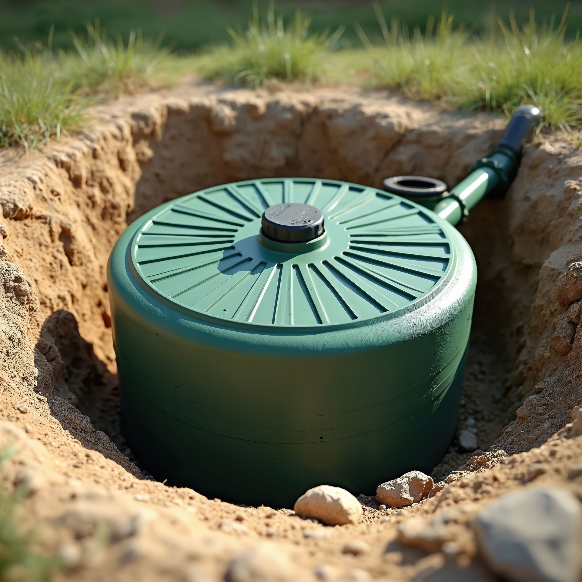 Green septic tank in backyard, showcasing septic system repair for underground sewage systems. Green septic tank in backyard, showcasing septic system repair for underground sewage systems.