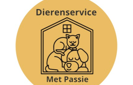 Gele cirkel met zwarte omlijning van een hond en een kat onder een huis, tekst: 