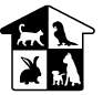 Zwart-wit logo in de vorm van een huis met een kat, een vogel, een konijn en een hond/kat.