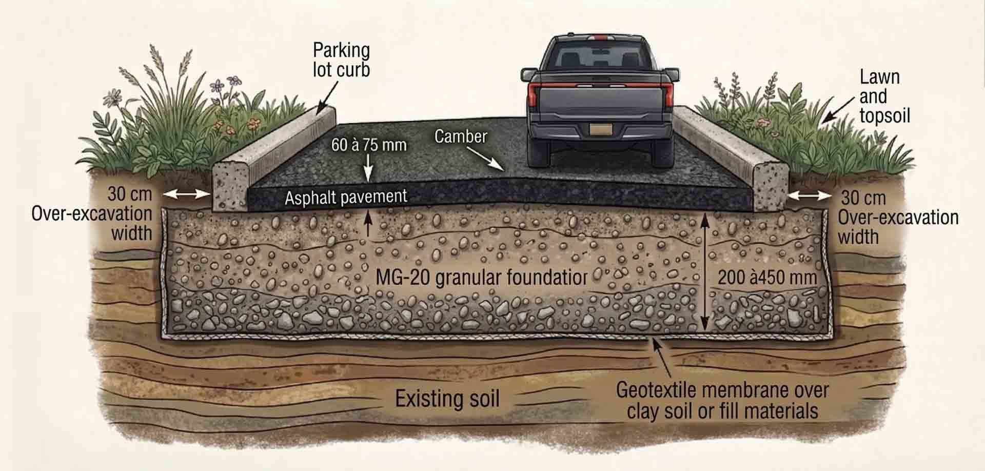 Cross-section diagram of a parking lot construction showing asphalt, granular base, curbs, and soil excavation depths.