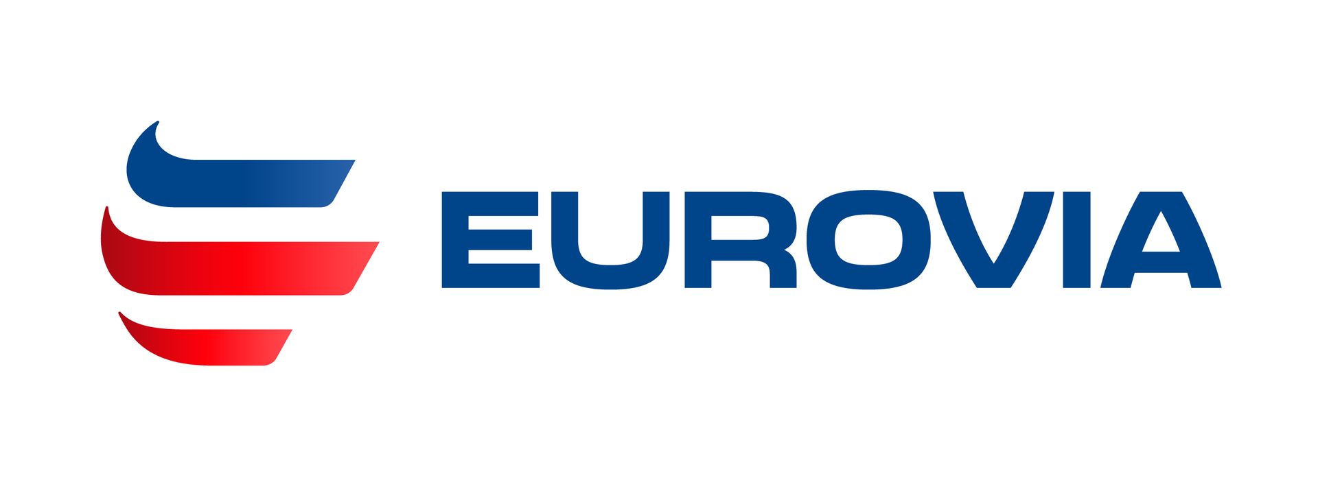 Le logo d'Eurovia présente un motif graphique abstrait incurvé bleu et rouge à côté du texte bleu « EUROVIA ».
