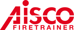 Logo rouge avec les inscriptions « AISCO » et « FIRE TRAINER ».