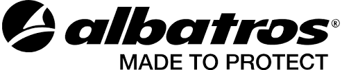 Logo pour Albatros : un emblème circulaire noir avec un oiseau stylisé ; le texte « albatros » et « MADE TO PROTECT ».