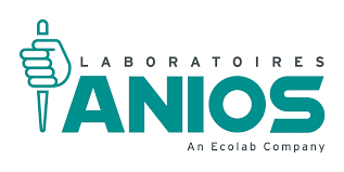 Logo des Laboratoires Anios : Une main bleu sarcelle tenant un outil de laboratoire, avec le texte 