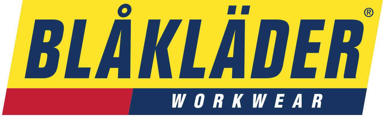 Logo pour Blåkläder Workwear : texte bleu sur fond jaune, barres rouges et bleues en bas.