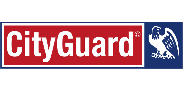 Logo de CityGuard avec texte blanc sur fond rouge, bordure bleue et aigle blanc sur fond bleu.