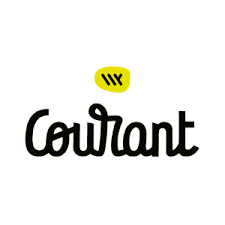 Logo « Courant » avec texte en caractères noirs sous une forme jaune contenant trois lignes verticales.