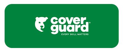 Logo : Tête d’ours blanc et inscription « cover guard » sur un rectangle vert arrondi. Inscription « EVERY SKILL MATTERS » en dessous.