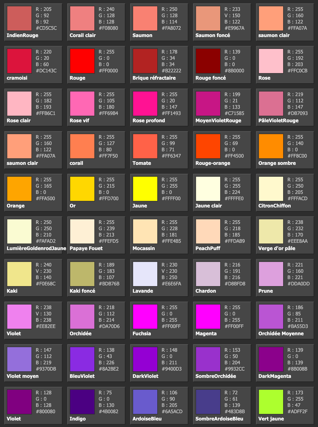 Palette de couleurs aux nuances variées, avec les noms et les codes hexadécimaux pour chaque case de couleur.