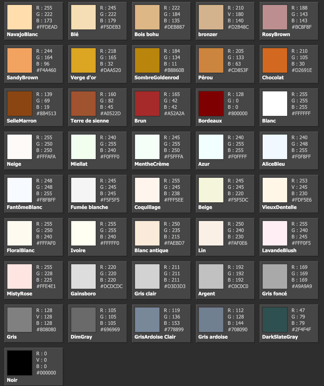 Nuancier avec noms et valeurs RVB ; un guide visuel des couleurs.