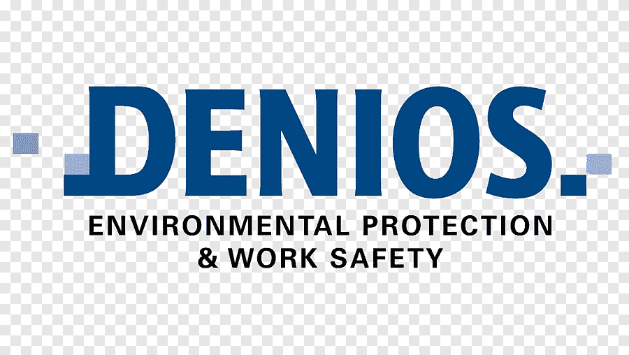 Logo DENIOS : texte bleu foncé avec « DENIOS » au-dessus de « PROTECTION ENVIRONNEMENTALE ET SÉCURITÉ AU TRAVAIL ».